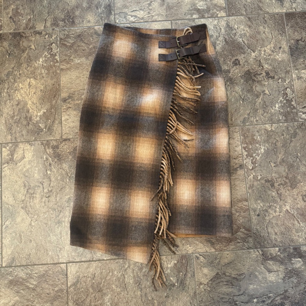 Stella Blanket Skirt Plaid Soft Wool Blend Fringe Wrap XS Brown Banana Republic